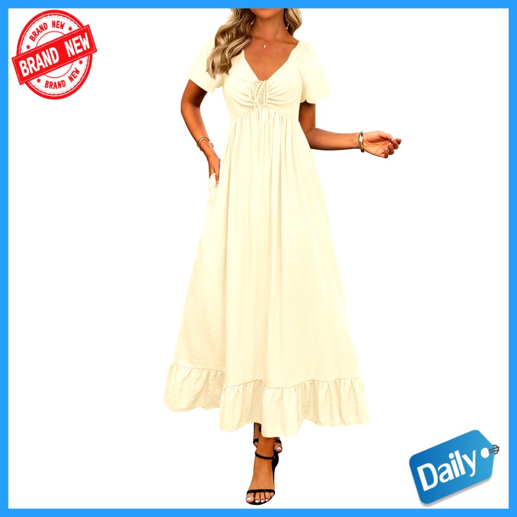 Short Sleeve V Neck Maxi Dress With Pockets, Smocked Back, Drawstring